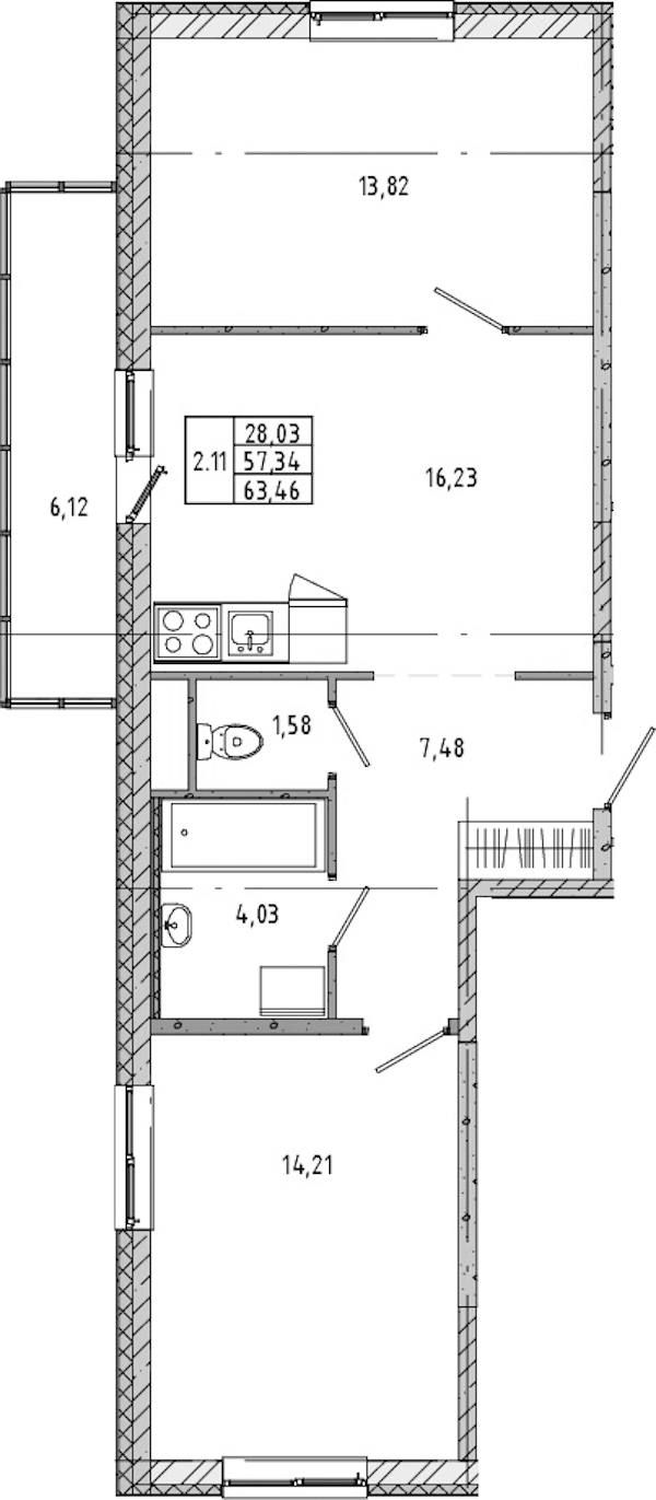 2-комнатная квартира 57.31 м², 20/21 эт., ЖК «Новые горизонты 2»